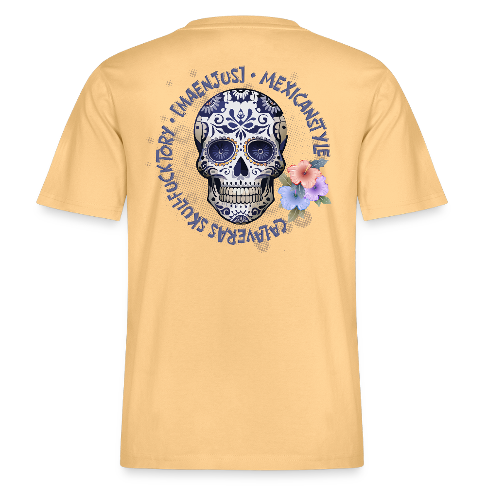 Relaxed Fit Unisex Bio-T-Shirt mit MAENJUS MEXICANSTYLE PRINT Vorder- und Rückseite - Hellgelb