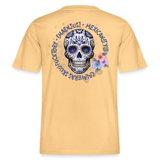 Relaxed Fit Unisex Bio-T-Shirt mit MAENJUS MEXICANSTYLE PRINT Vorder- und Rückseite - Hellgelb