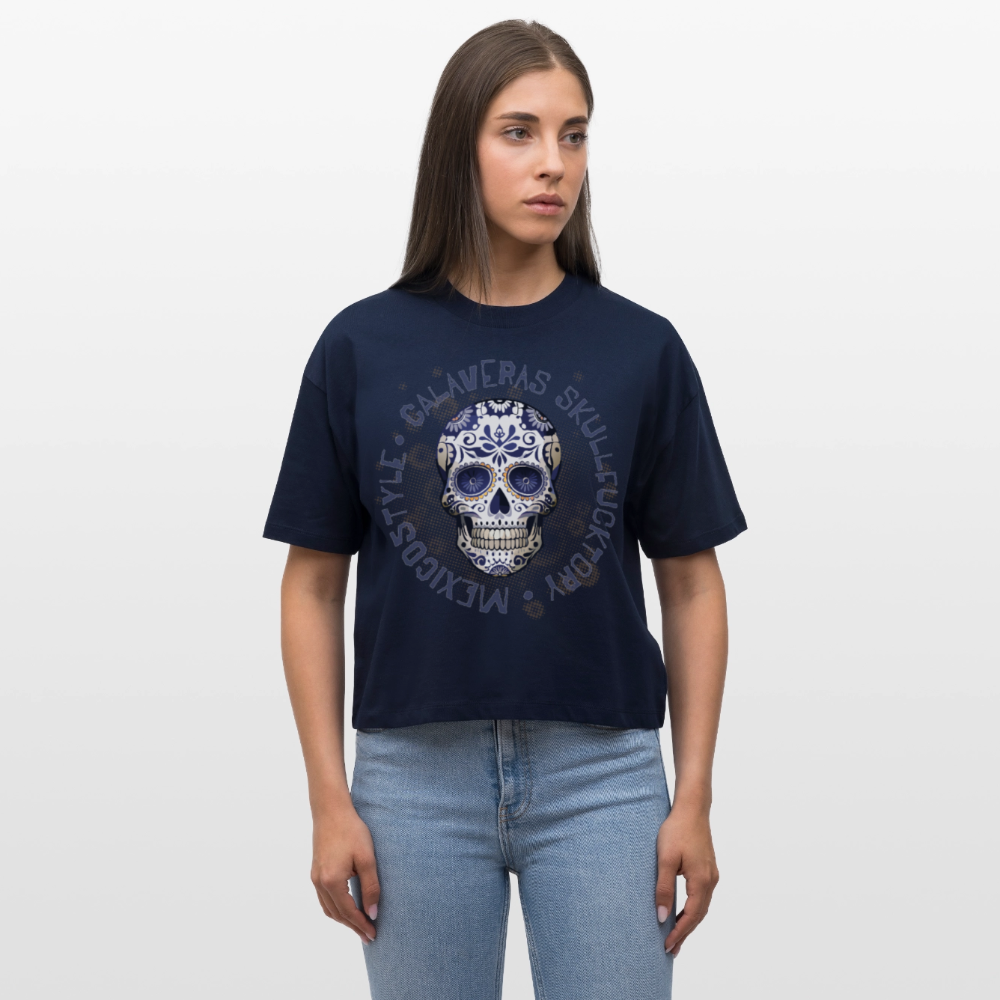 Frauen Boxy Bio-T-Shirt mit CALAVERAS SKULL PRINT - Navy