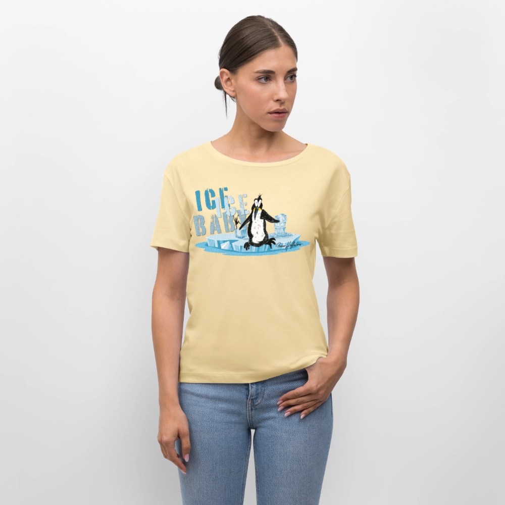 Relaxed Rundhals Frauen Bio-T-Shirt mit ICE ICE BABY PINGUIN PRINT - Creme