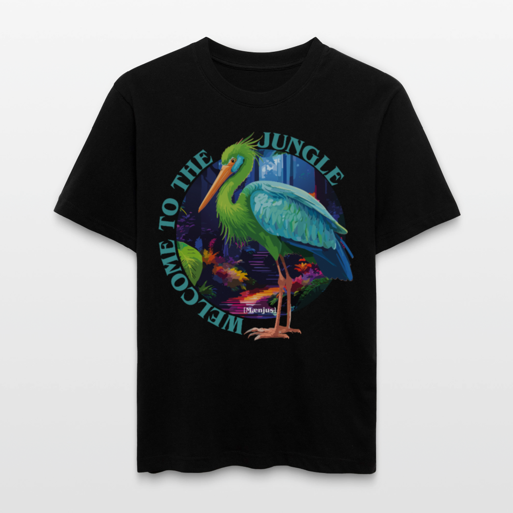 Relaxed Fit Unisex Bio-T-Shirt mit WELCOME TO THE JUNGLE PRINT Vorderseite - Schwarz