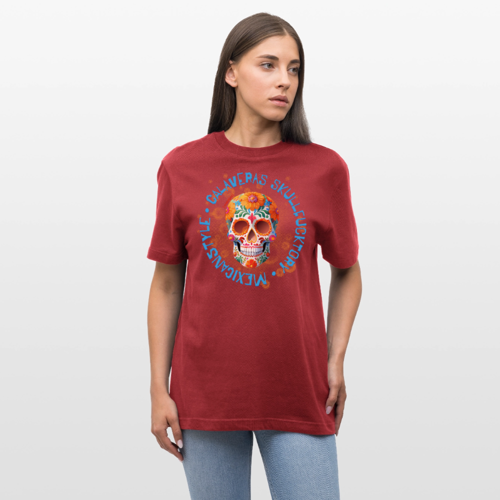 Relaxed Fit Unisex Bio-T-Shirt mit CALAVERAS MEXICANSTYLE PRINT Vorderseite - Erdrot