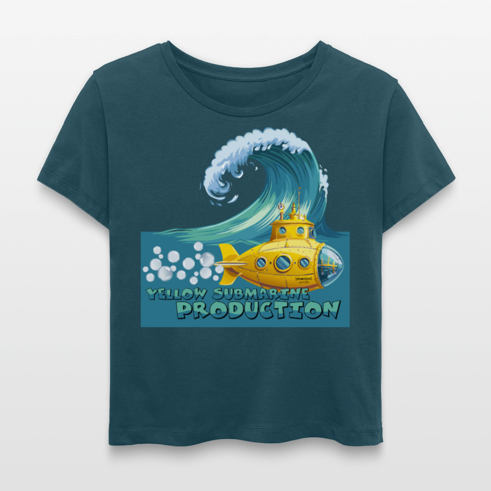 Relaxed Rundhals Frauen Bio-T-Shirt mit YELLOW SUBMARINE PRODUCTION PRINT - Dunkles Petrol