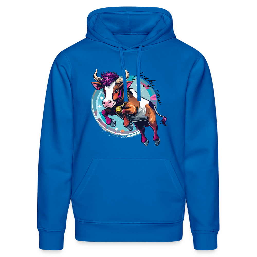 Unisex Bio-Hoodie mit FUNKY COW PRINT Vorderseite - Königsblau