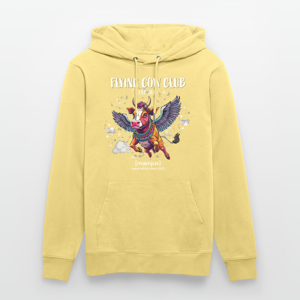 Unisex Bio-Hoodie mit FLYING COW CLUB PRINT Vorderseite - Gelb Viva