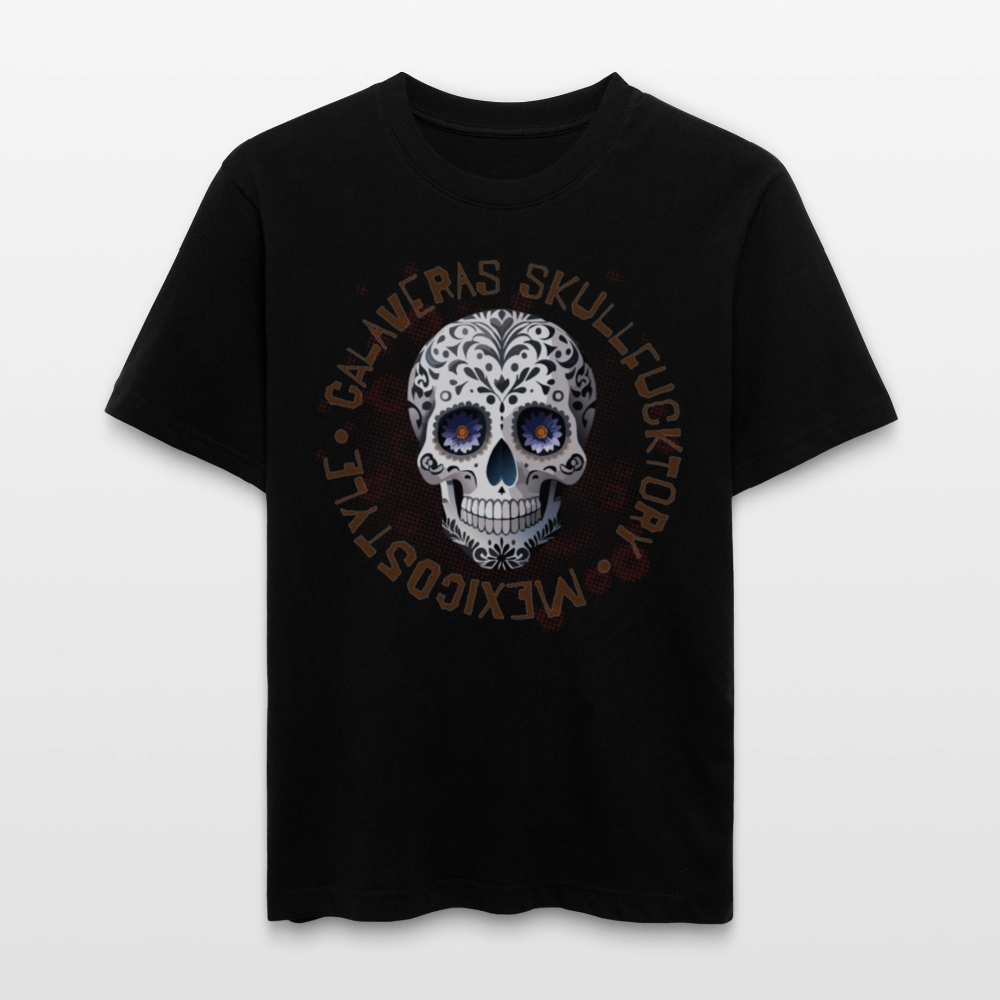 Relaxed Fit Unisex Bio-T-Shirt mit CALAVERAS SKULL PRINT Vorderseite - Schwarz