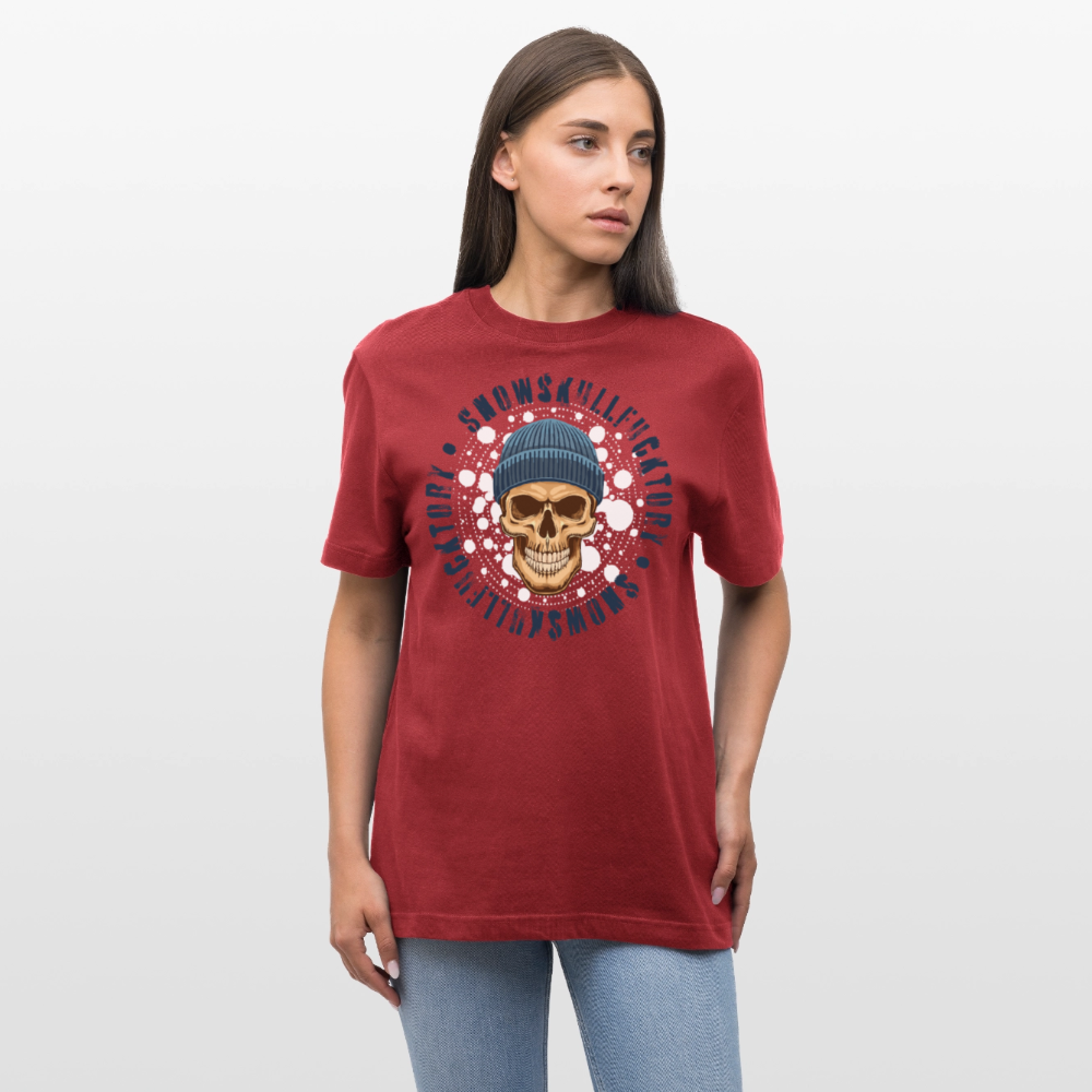Relaxed Fit Unisex Bio-T-Shirt mit SNOWSKULL FUCKTORY PRINT Vorderseite - Erdrot