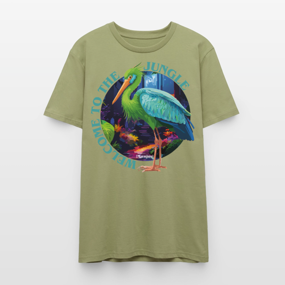 Unisex T-Shirt mit WELCOME TO THE JUNGLE PRINT Vorderseite - Nebelgrün