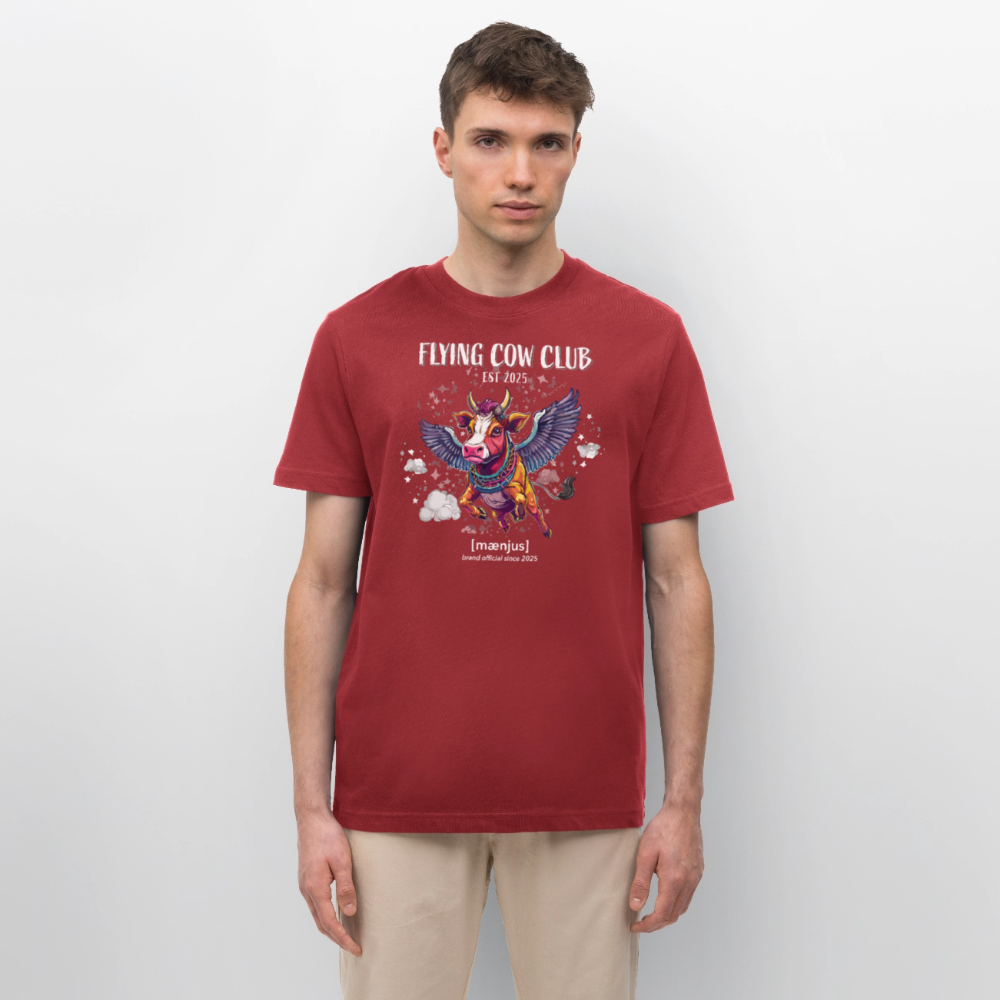 Unisex Bio-T-Shirt mit FLYING COW CLUB PRINT Vorderseite - Erdrot