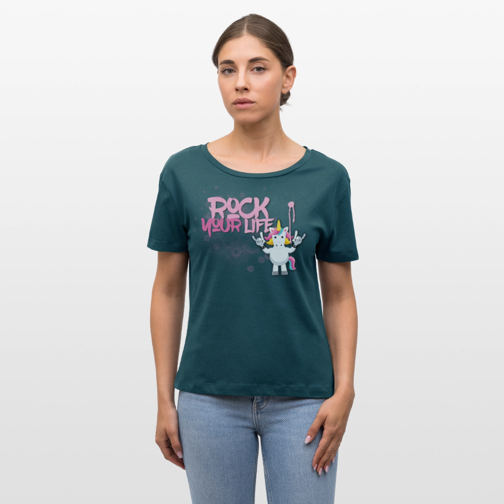 Frauen T-Shirt mit ROCK YOUR LIFE PRINT - Dunkles Petrol