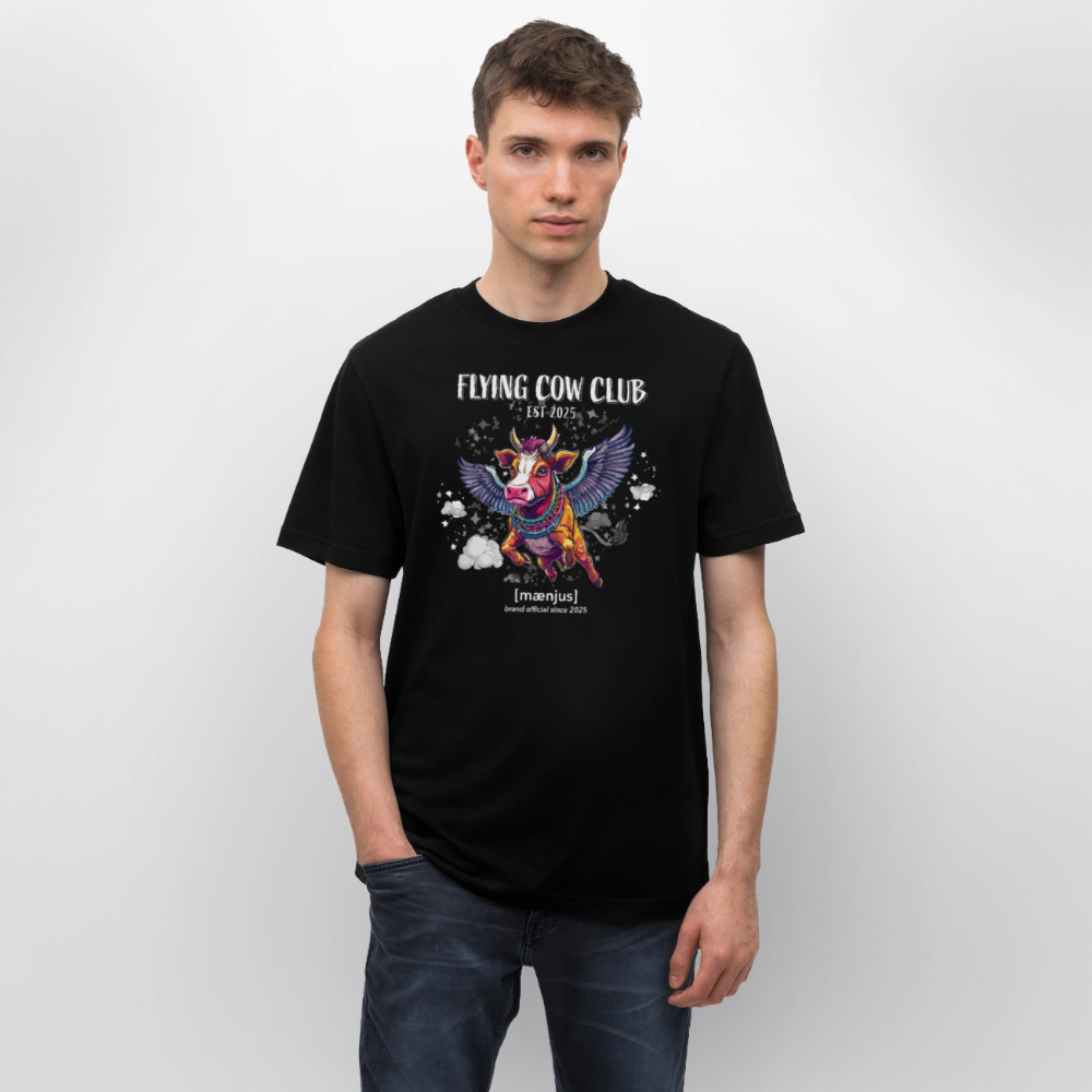 Unisex Bio-T-Shirt mit FLYING COW CLUB PRINT Vorderseite - Schwarz