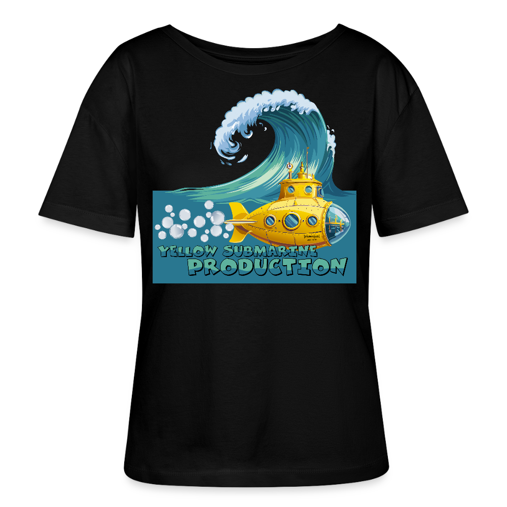Relaxed Rundhals Frauen Bio-T-Shirt mit YELLOW SUBMARINE PRODUCTION PRINT - Schwarz