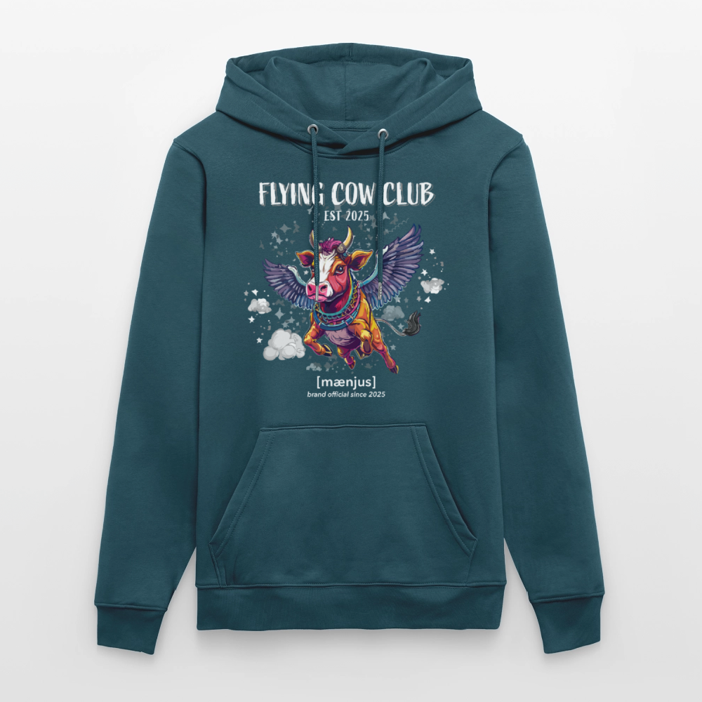 Unisex Bio-Hoodie mit FLYING COW CLUB PRINT Vorderseite - Dunkles Petrol