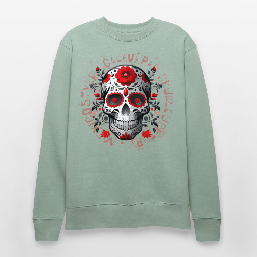Unisex Bio-Sweatshirt mit CALAVERAS SKULL PRINT - Helles Graugrün