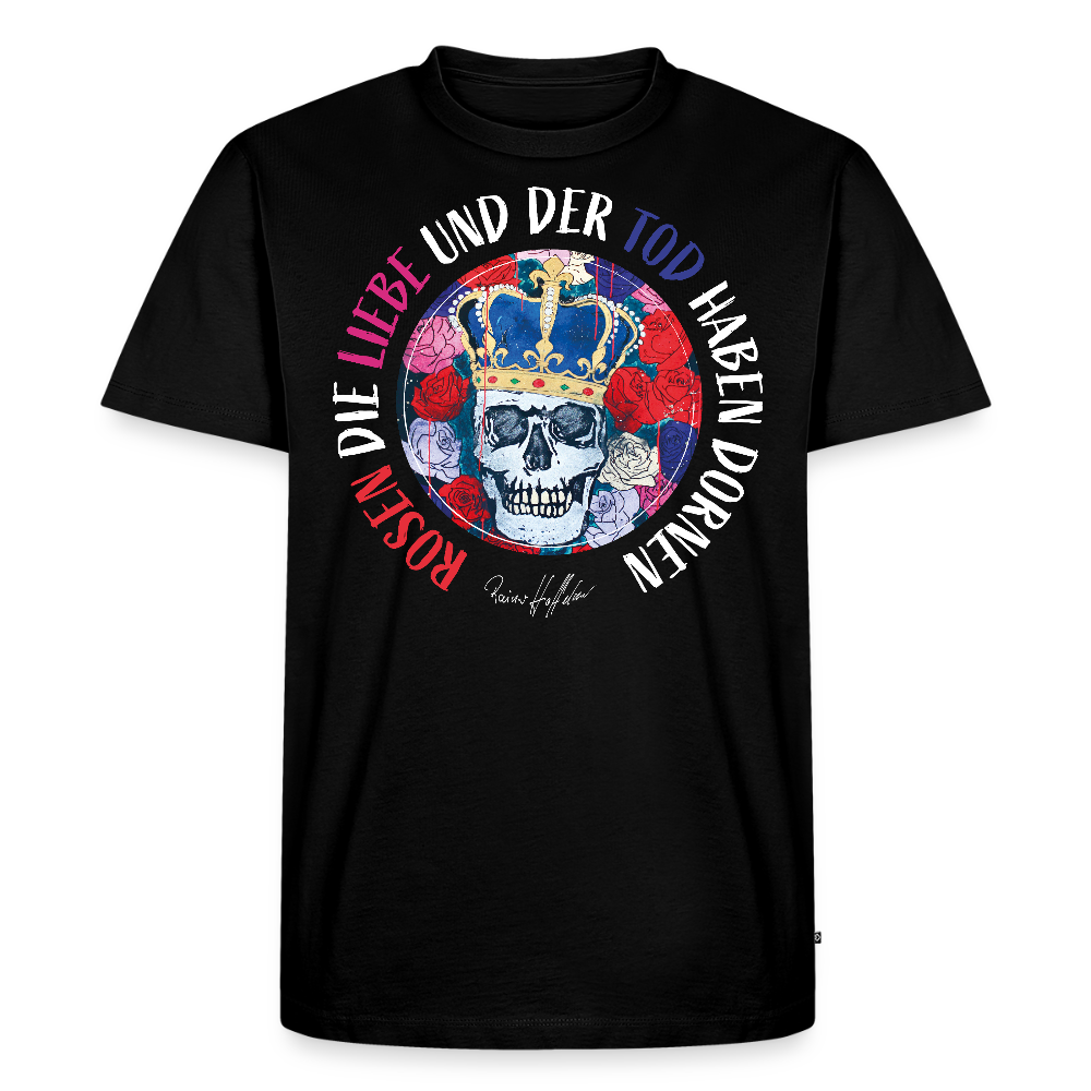 Männer Premium T-Shirt mit ROSEN DIE LIEBE UND DER TOD HABEN DORNEN PRINT - Schwarz