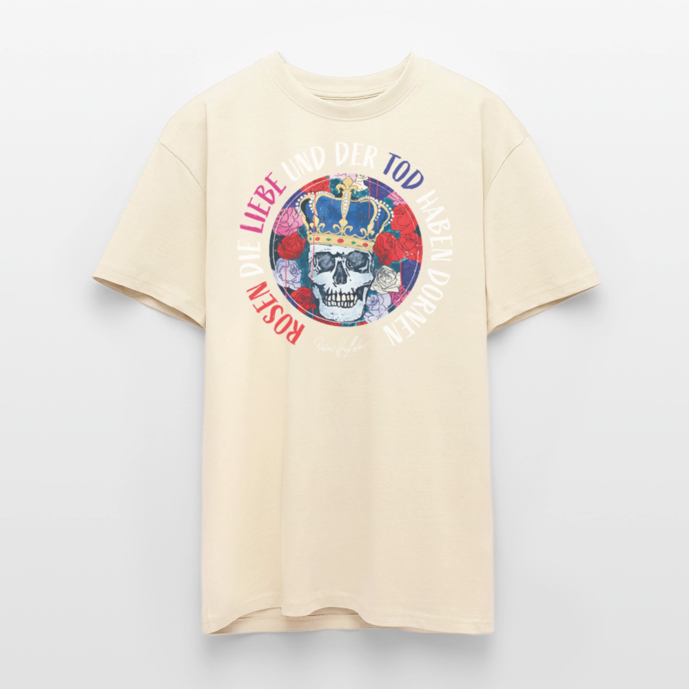 Heavy Oversize T-Shirt mit ROSEN DIE LIEBE UND DER TOD HABEN DORNEN PRINT - Creme