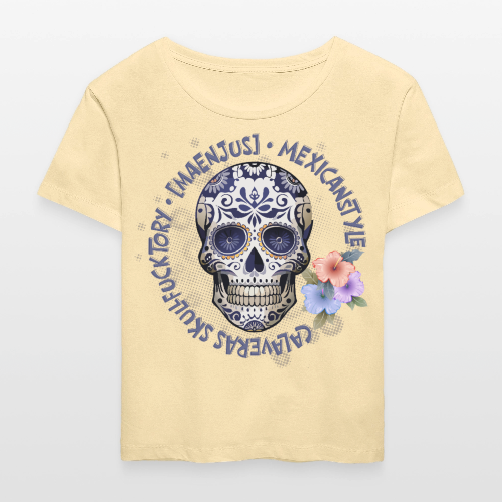 Rundhals Frauen Bio-T-Shirt mit MAENJUS MEXICANSTYLE PRINT Vorderseite - Creme