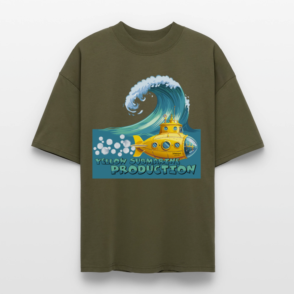 Oversized Unisex Bio T-Shirt mit YELLOW SUBMARINE PRODUCTION PRINT Vorderseite - Khaki