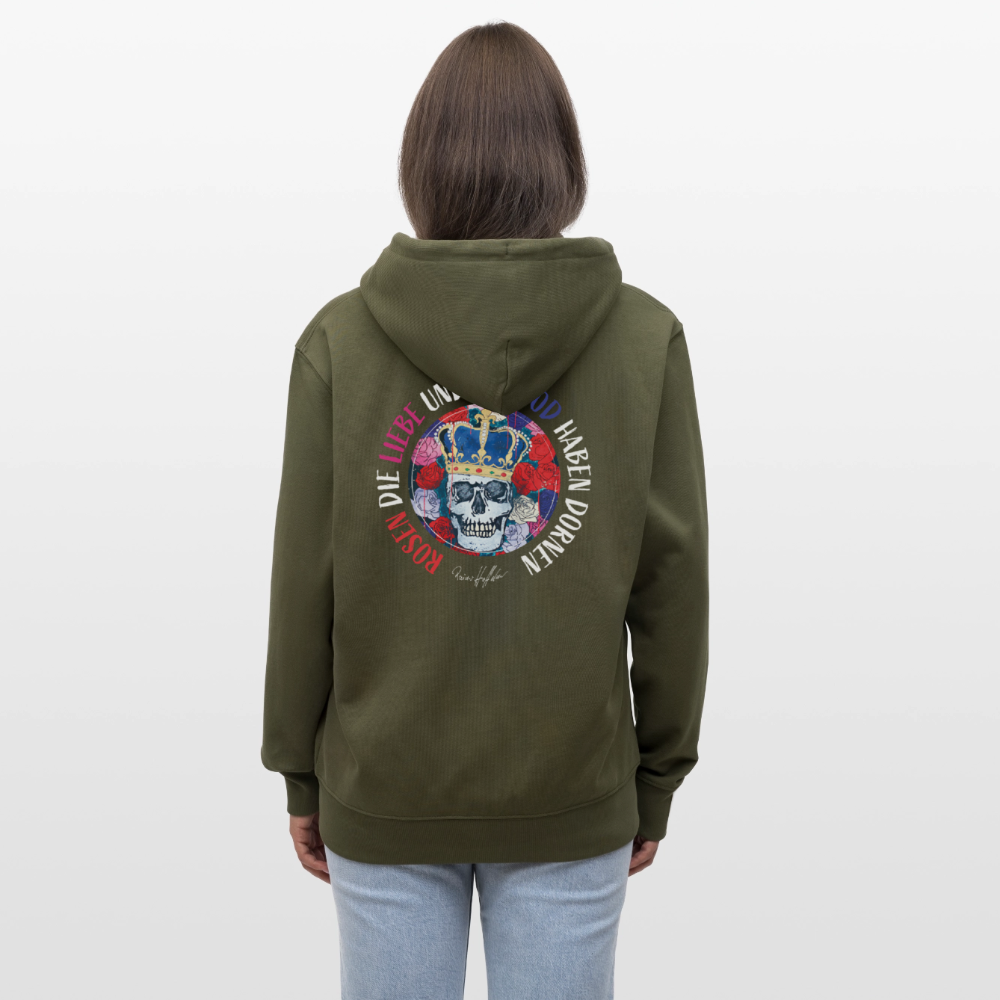 Unisex Bio-Kapuzenjacke mit ROSEN DIE LIEBE UND DER TOD HABEN DORNEN PRINT - Khaki