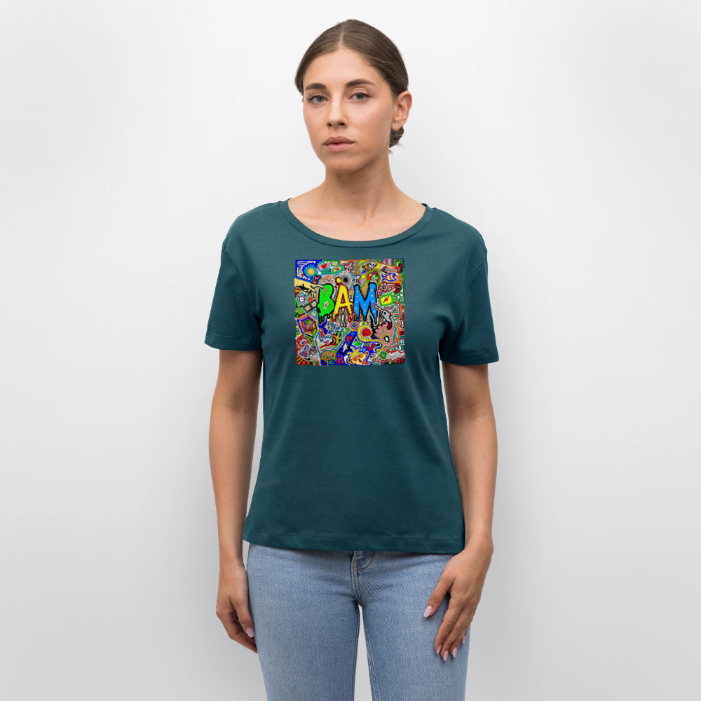 Relaxed Rundhals Frauen Bio-T-Shirt mit BÄM PRINT - Dunkles Petrol