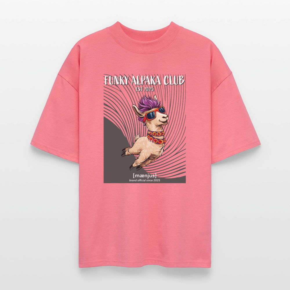 Oversized Unisex Bio T-Shirt mit FUNKY ALPAKA CLUB PRINT Vorderseite - Pink
