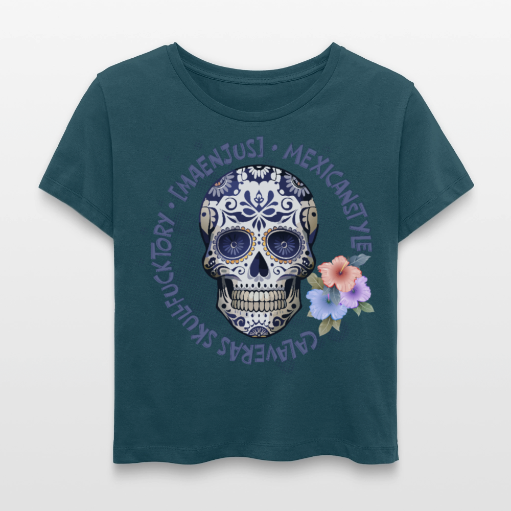 Rundhals Frauen Bio-T-Shirt mit MAENJUS MEXICANSTYLE PRINT Vorderseite - Dunkles Petrol