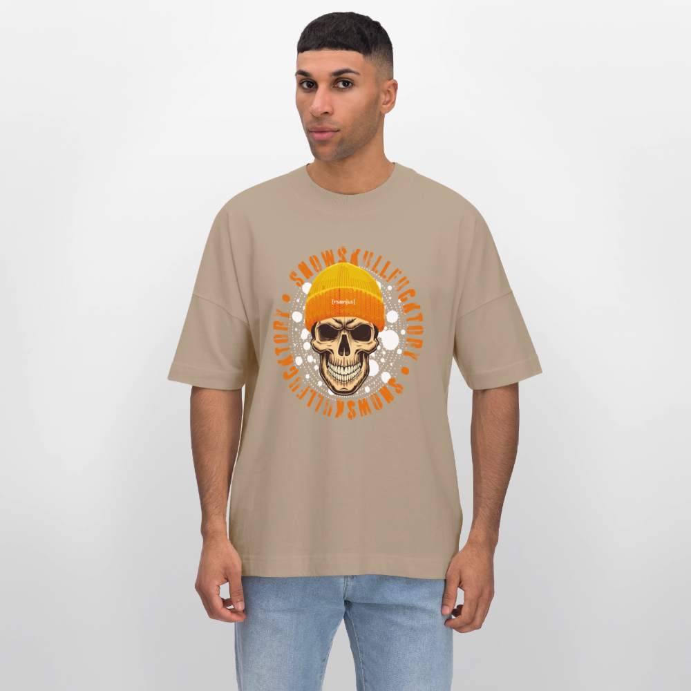Oversized Unisex Bio T-Shirt mit SNOWSKULL FUCKTORY PRINT - Steingrau