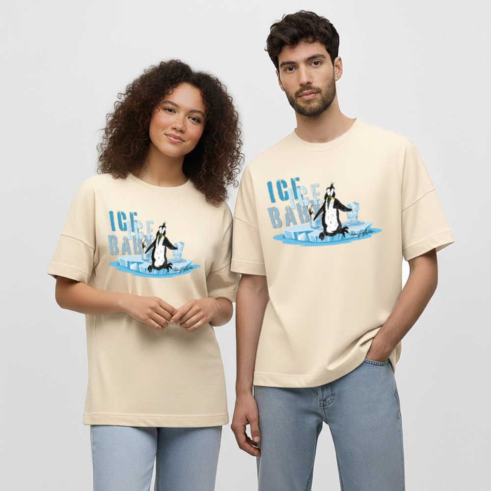 Oversized Unisex Bio T-Shirt mit ICE ICE BABY PINGUIN PRINT - Weißgrau