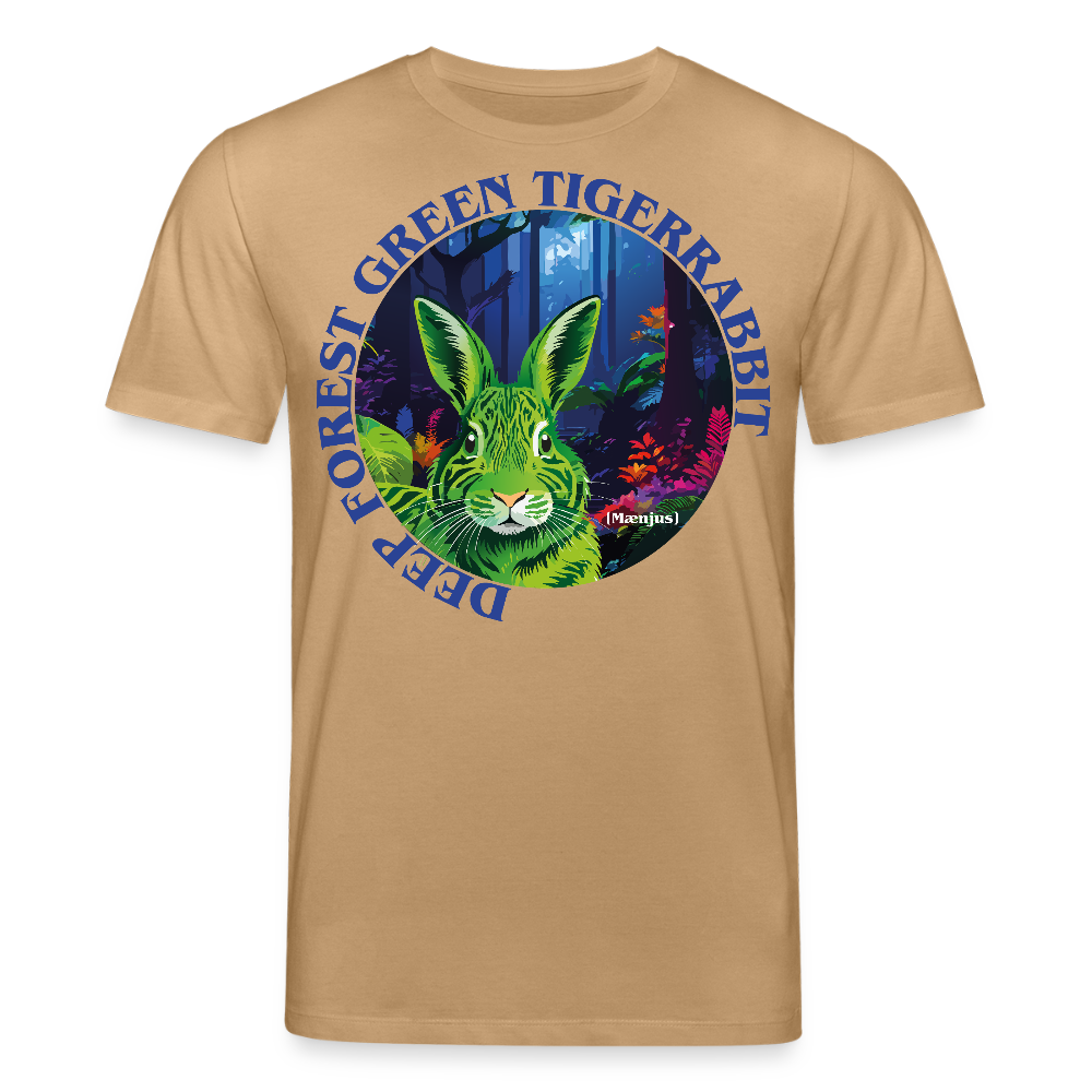 Unisex Bio-T-Shirt mit DEEP FOREST GREEN TIGERRABBIT PRINT Vorderseite - Karamell