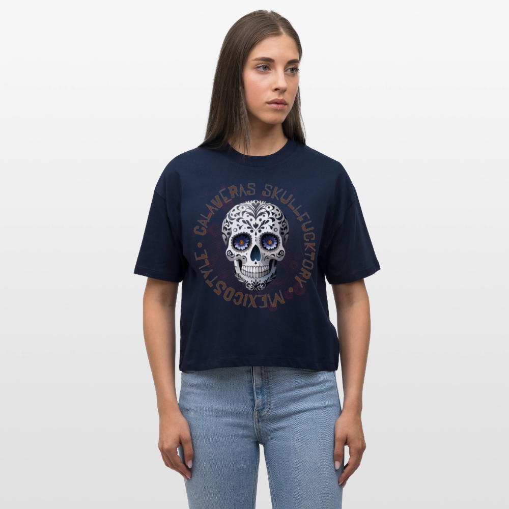 Frauen Boxy Bio-T-Shirt mit CALAVERAS SKULL PRINT - Navy