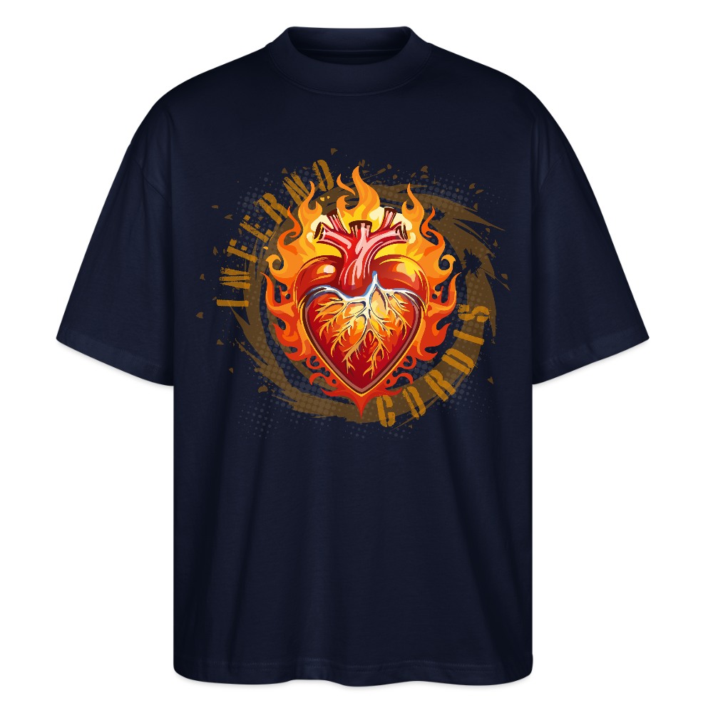 Oversized Unisex Bio T-Shirt mit FEUERHERZ ORANGE PRINT - Navy