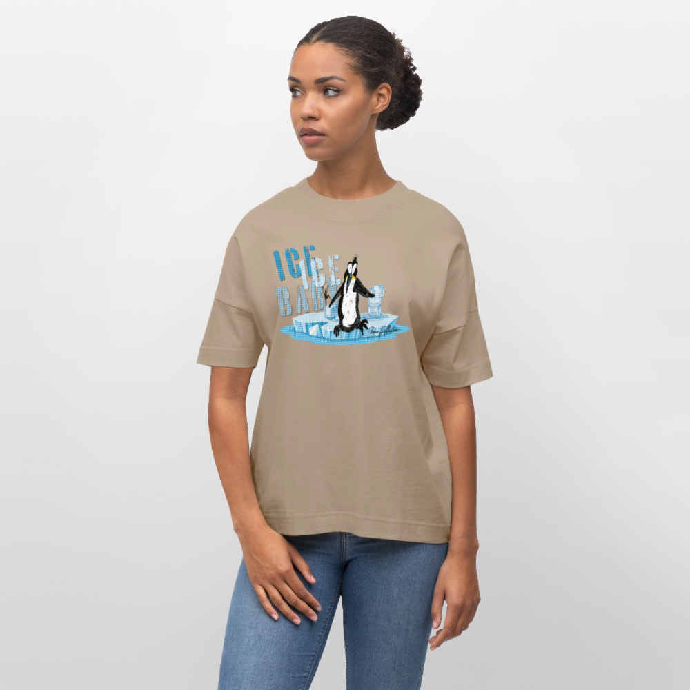 Oversized Unisex Bio T-Shirt mit ICE ICE BABY PINGUIN PRINT - Steingrau