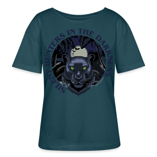 Relaxed Rundhals Frauen Bio-T-Shirt mit SILENT HUNTERS IN THE DARKNESS PRINT Vorderseite - Dunkles Petrol