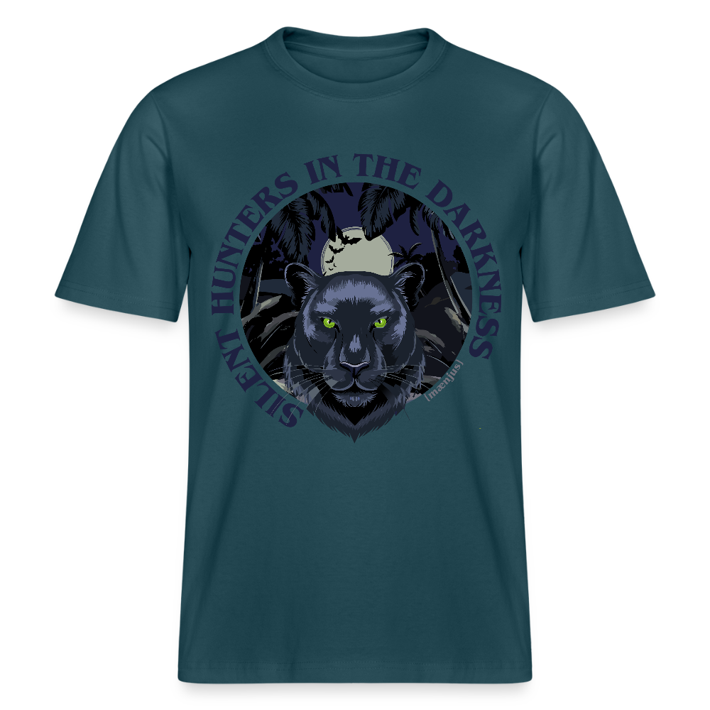 Relaxed Fit Unisex Bio-T-Shirt mit SILENT HUNTERS IN THE DARKNESS PRINT Vorderseite - Dunkles Petrol