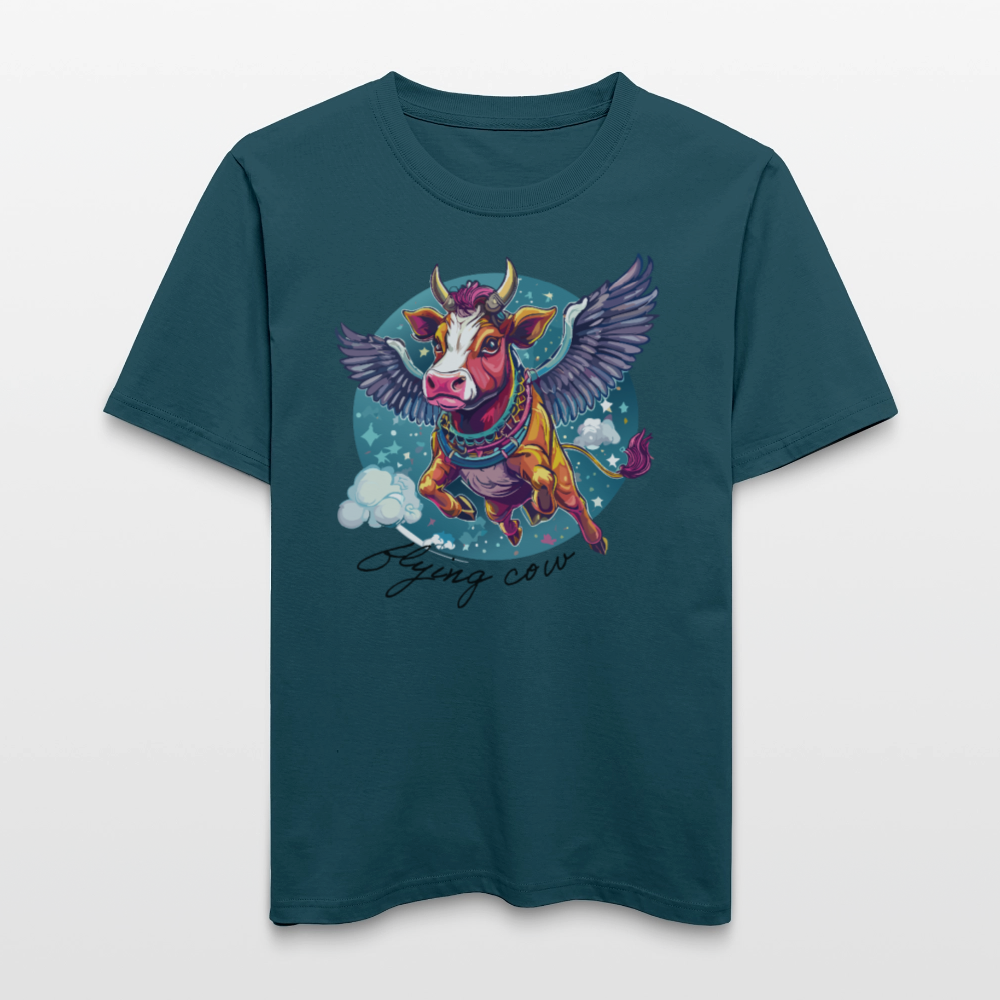 Relaxed Fit Unisex Bio-T-Shirt mit FLYING COW PRINT Vorderseite - Dunkles Petrol