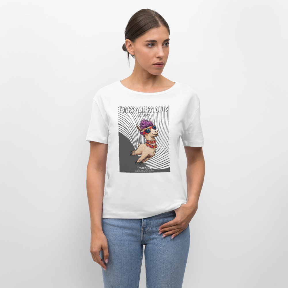 Relaxed Rundhals Frauen Bio-T-Shirt mit FUNKY ALPAKA CLUB PRINT - Weiß
