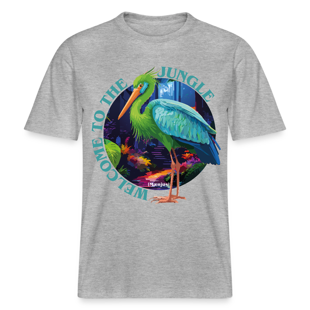 Relaxed Fit Unisex Bio-T-Shirt mit WELCOME TO THE JUNGLE PRINT Vorderseite - Grau meliert