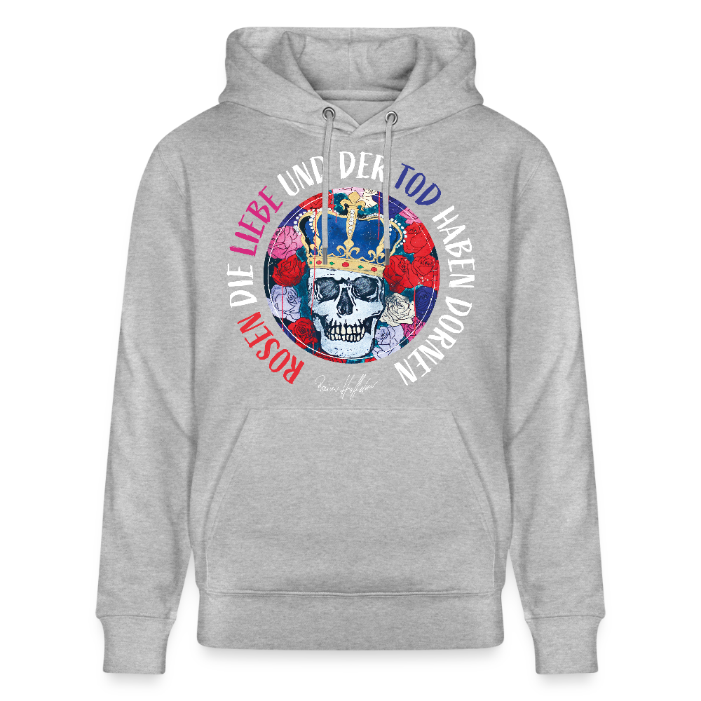 Unisex Hoodie mit ROSEN DIE LIEBE UND DER TOD HABEN DORNEN PRINT - Grau meliert