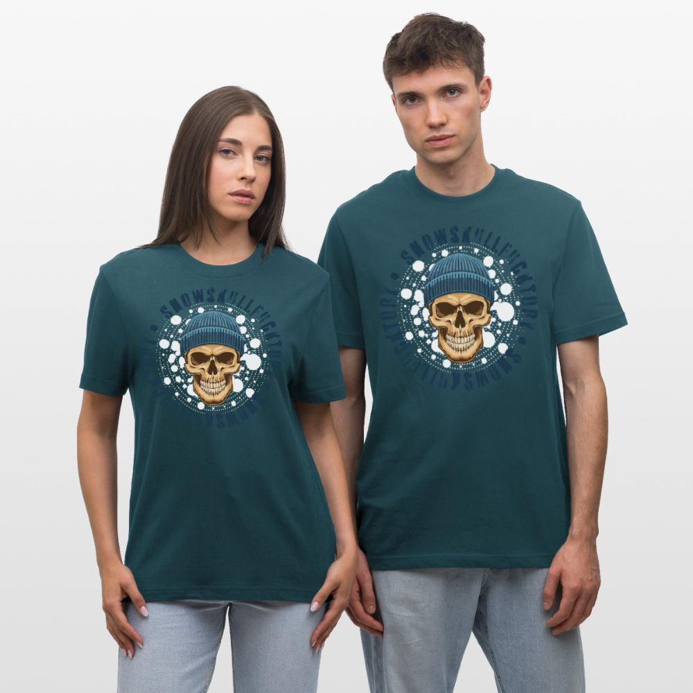 Relaxed Fit Unisex Bio-T-Shirt mit SNOWSKULL FUCKTORY PRINT Vorderseite - Dunkles Petrol