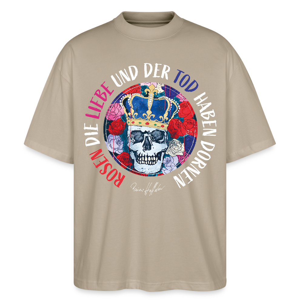 Oversized Unisex T-Shirt mit ROSEN DIE LIEBE UND DER TOD HABEN DORNEN PRINT - Steingrau