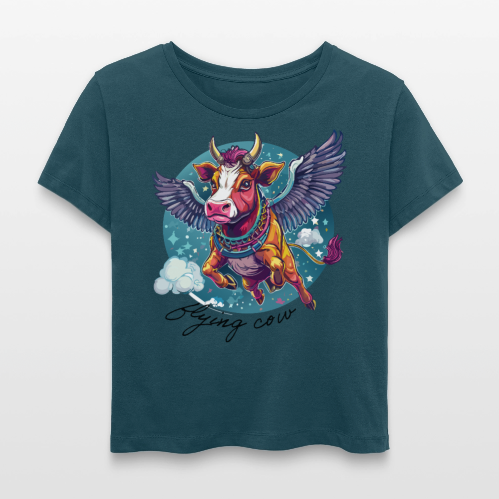 Frauen T-Shirt mit FLYING COW PRINT - Dunkles Petrol