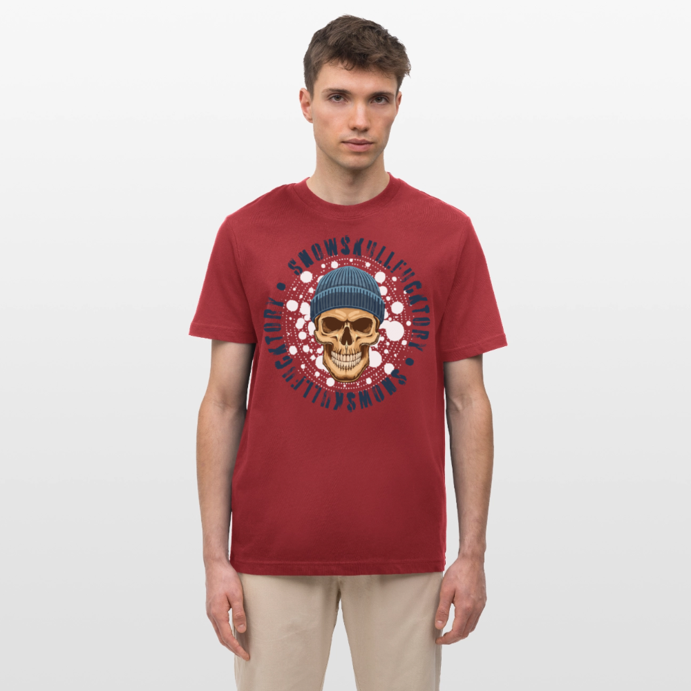 Relaxed Fit Unisex Bio-T-Shirt mit SNOWSKULL FUCKTORY PRINT Vorderseite - Erdrot