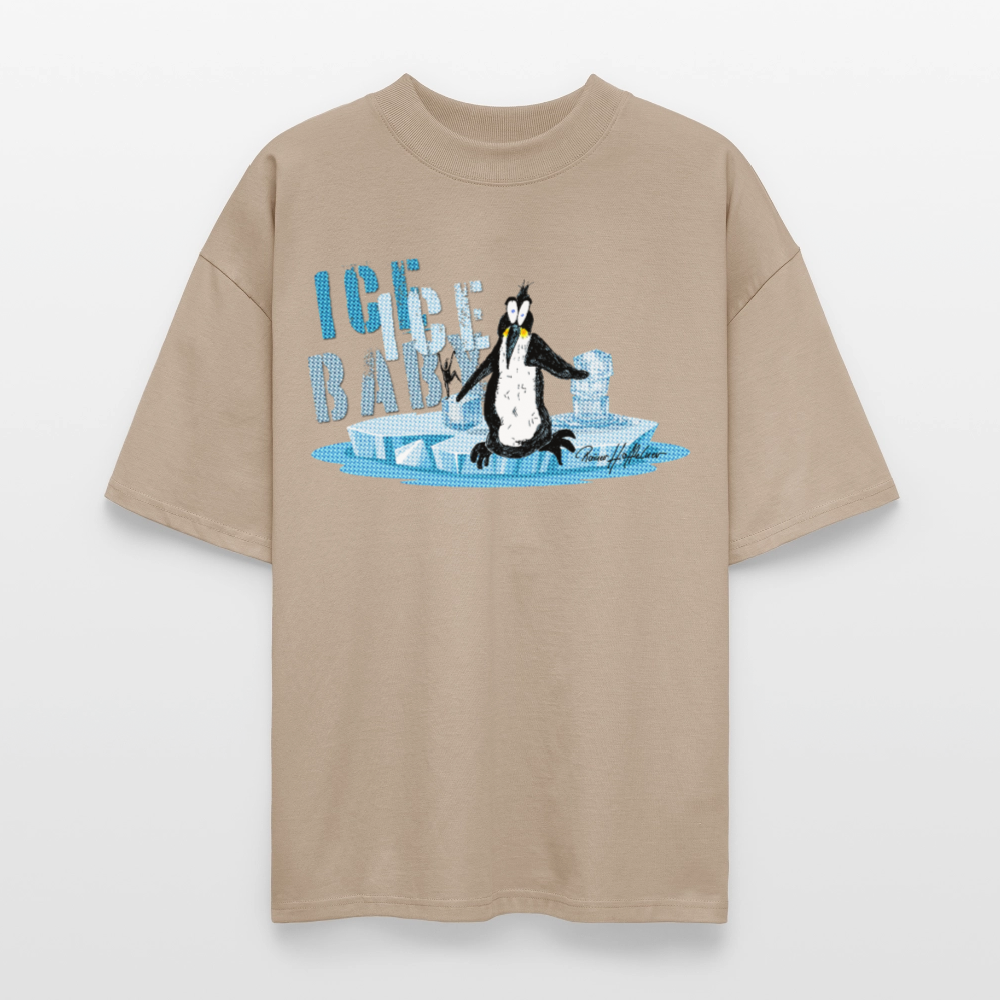 Oversized Unisex Bio T-Shirt mit ICE ICE BABY PINGUIN PRINT - Steingrau