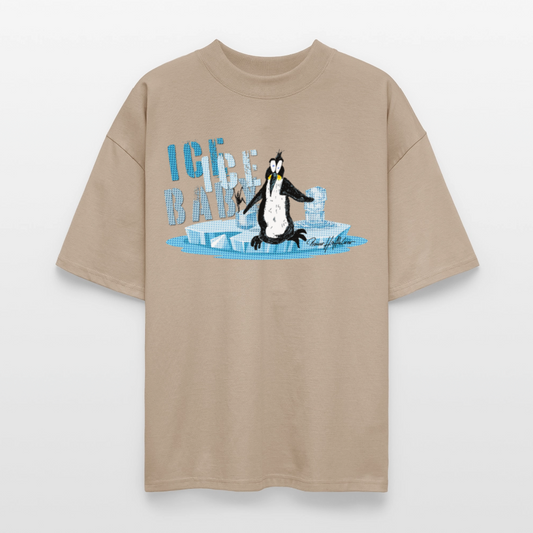 Oversized Unisex Bio T-Shirt mit ICE ICE BABY PINGUIN PRINT - Steingrau