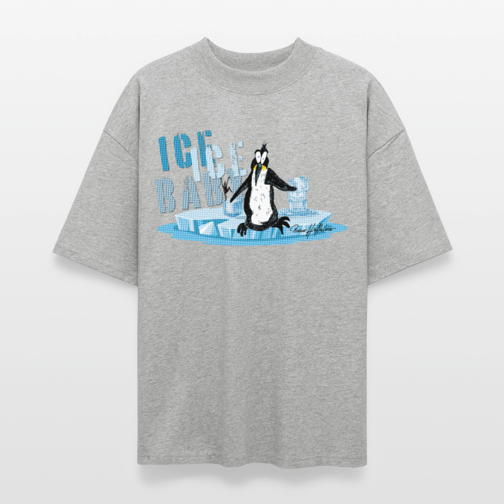 Oversized Unisex Bio T-Shirt mit ICE ICE BABY PINGUIN PRINT - Grau meliert