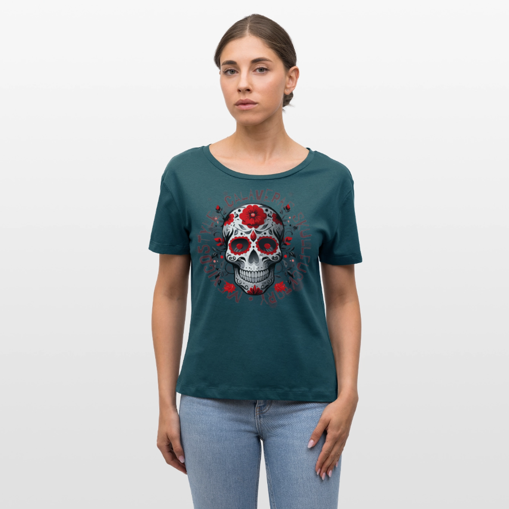 Frauen T-Shirt mit CALAVERAS SKULL PRINT - Dunkles Petrol
