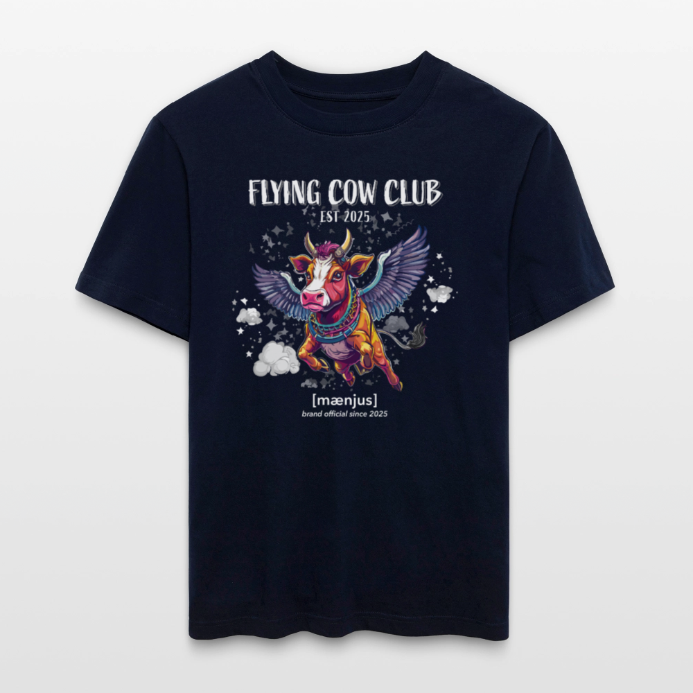 Unisex Bio-T-Shirt mit FLYING COW CLUB PRINT Vorderseite - Navy