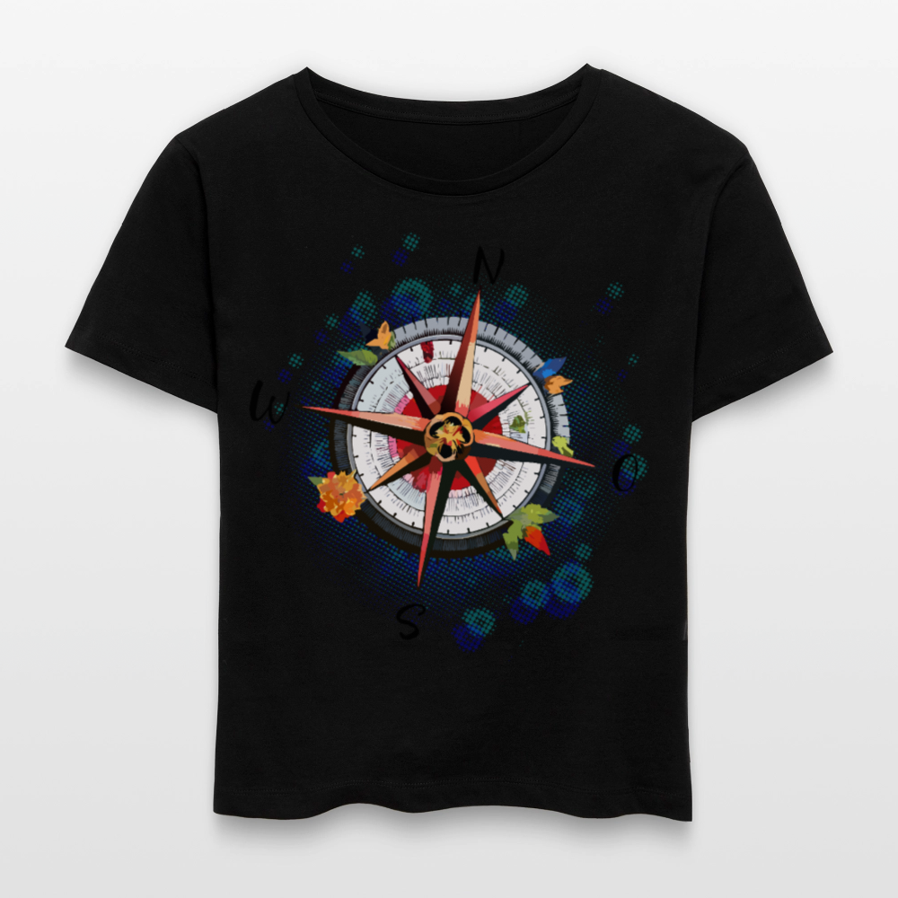 Frauen Rundhals T-Shirt mit WINDROSE PRINT - Schwarz