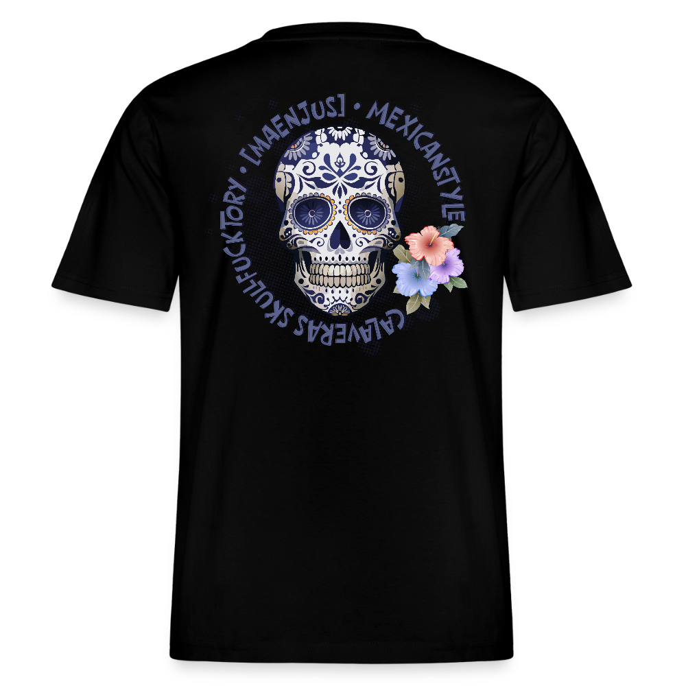 Relaxed Fit Unisex Bio-T-Shirt mit MAENJUS MEXICANSTYLE PRINT Vorder- und Rückseite - Schwarz