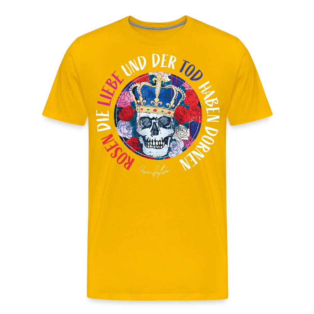 Männer Premium T-Shirt mit ROSEN DIE LIEBE UND DER TOD HABEN DORNEN PRINT - Sonnengelb